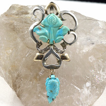 Natural Real Turquoise Carved Diamond Victorian Pendant In 925 Silver &amp; Gold - £148.54 GBP