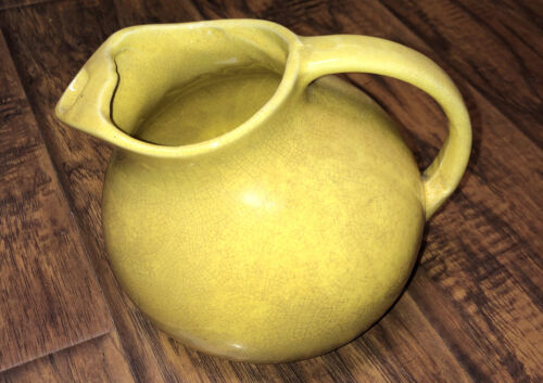 Round Ceramic Pitcher Planter Vintage Yellow With Crazing - $23.08
