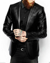 Mens Custom Traditional Style Two Button Black Lambskin Leather Coat Blazer - €115,69 EUR