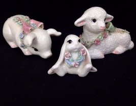 Dilley&#39;s California Pottery Sweet Faced Ceramic Figurines Lamb Pig Bunny Vintage - £33.63 GBP