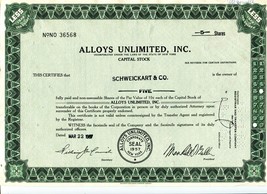 Vintage Alloys Unlimited Stock Certificate- 1967 Schweikart &amp; Co. Five S... - £5.41 GBP