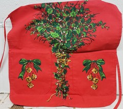 Fabric Kitchen Apron With 2 pockets(20&quot;x28&quot;)POINSETTIA Flowers &amp; Christmas Bells - £11.86 GBP