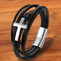 Magnetic Charm Stainless Steel Black  Genuine Leather Cross Bracelet For Men Ban - £10.79 GBP