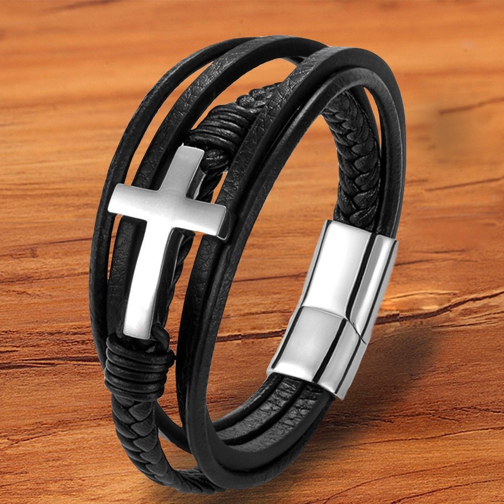 Magnetic Charm Stainless Steel Black  Genuine Leather Cross Bracelet For Men Ban - £10.83 GBP