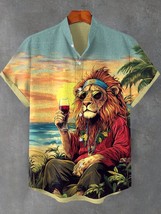 Men&#39;s Reggae Soul Lion Drinking Red Wine At The Beach Art Print Shirt - $26.00