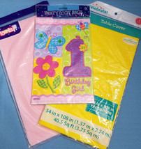 Girl 1st Birthday Party Loot Bags &amp; 2 Table-Covers Bright Colors Pink Yellow - £7.79 GBP