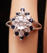 Vintage 14kt White gold Ring Sapphires Diamonique Size 5 1/4 Cocktail solitaire  - £187.84 GBP