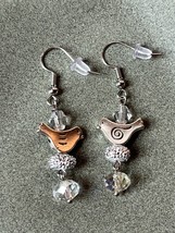 Small Silvertone Bird w Clear &amp; Rhinestone Rondelle Bead Dangle Earrings for - £10.28 GBP
