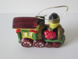 Vintage Porcelain Bisque Christmas Village Figurine Ornament Yellow Train Engine - £6.20 GBP