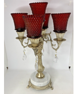 VINTAGE MARBLE BASE &amp; CLAW PAW FOOT CANDLE HOLDER CANDELABRA Red Glass - $823.19 CAD