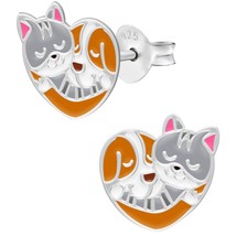Sleeping Cat and Dog 925 Silver Stud Earrings - £11.18 GBP