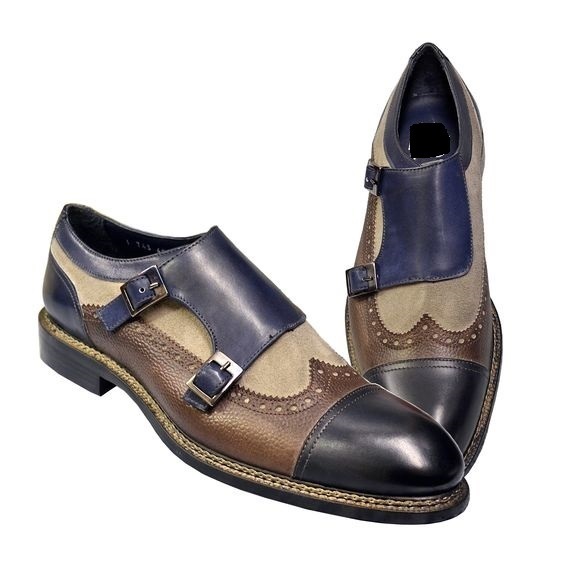 Handmade Men Blue Brown Black Leather Beige Suede Double Monk Strap Shoe US 7-16