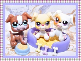 Authentic Littlest Pet Shop LPS 83 84 451 Boxer Dog Puppy Triplets Food Bed Lot - $28.01