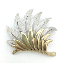 MIXED METAL layered leaf brooch - vintage textured silver &amp; glossy gold tone pin - £14.15 GBP
