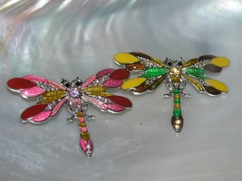 Estate Lot of 2 Pink &amp; Red Brown Yellow &amp; Green Enamel w Rhinestone Accents - £9.74 GBP