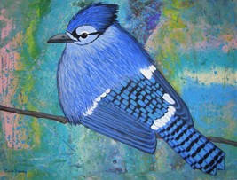 Painting Blue Jay Original Signed Art Landscape Bird Wildlife By Carla Dancey - £23.50 GBP
