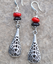Long Boho earrings, Long gemstone earrings, Coral and Onyx Earrings, E54 - £13.42 GBP