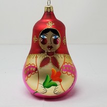 Matryoshka Doll Ornament Glass Hand-Painted Red Floral Glitter Accent Large Vtg - £17.71 GBP