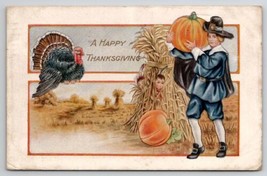 Thanksgiving Pilgrim Pumpkins Children Corn Shocks Postcard K28 - £6.25 GBP
