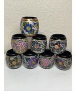 8 Vintage Black Lacquer Russian(?) Folk Art  Hand-Painted Napkin Rings - $30.17 CAD