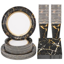 Black Gold Paper Plate Supplies - Black Gold Party Plates Including 50 Dinner Pl - £34.88 GBP
