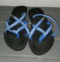 Teva Olowahu Sandals Women&#39;s 7 Blue Strappy Aztec Geo Slip On Flat Thong... - $22.99