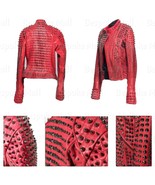 New Women&#39;s Brando Steam Punk Black Tonal Studded Red Cowhide Leather Ja... - $429.99