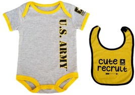 Licensed US Army 100% Cotton Bodysuit &amp; &#39;Cute Recruit&#39; Bib Set - Grey wi... - £30.70 GBP