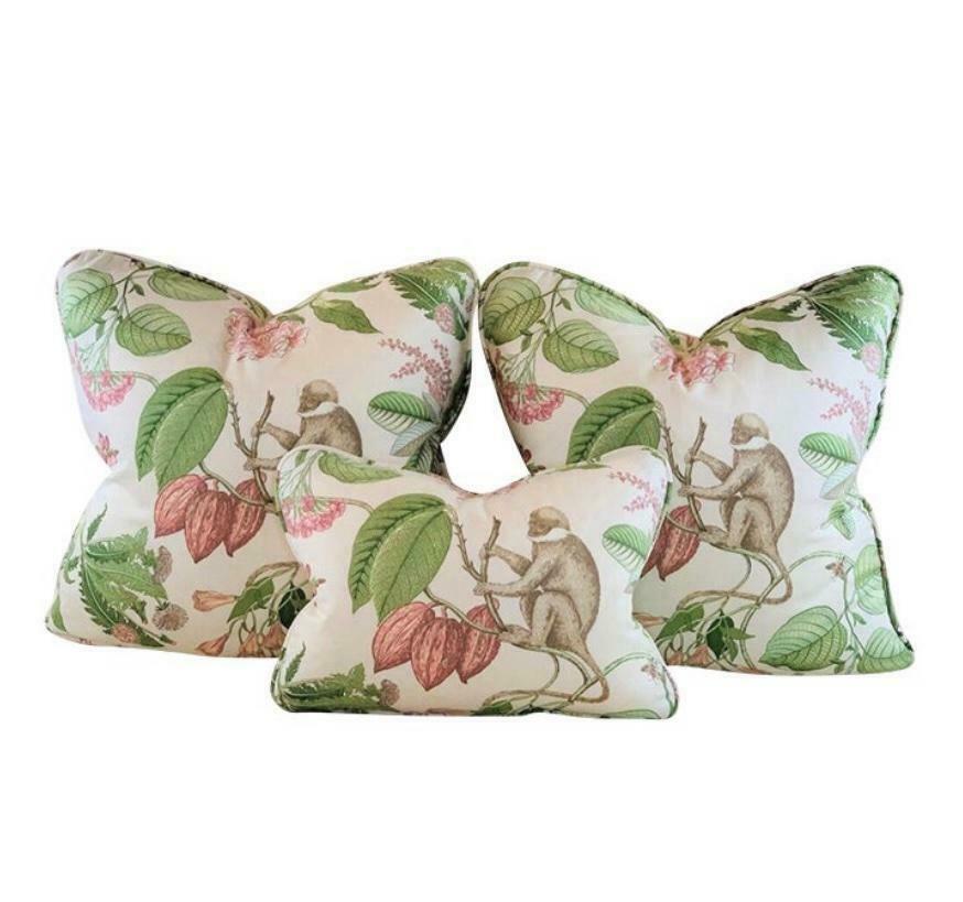 3 Pc Set Pillow Covers Kaufmann Pink Green Botanical Jungle Monkey Tropical - $66.99