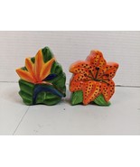 Pair Tropical Flower Ceramic Salt&amp;Pepper Shakers Bird of Paradise Starga... - £13.15 GBP