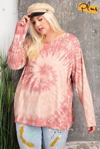 Plus Size Faded Plum Pink Round Neck Tie Dye Loose Fit Top - £19.98 GBP