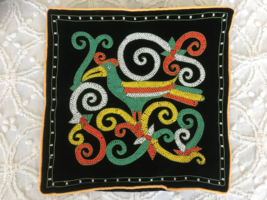 Vintage Black Velvet Pillow sham Case Neon bright beaded BIRD Peacock. 16&quot; - £15.48 GBP