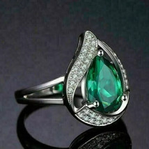 14k White Gold Plated 2.50 CT Pear  Cut Simulated  Green Emerald  Ring Women - £70.99 GBP
