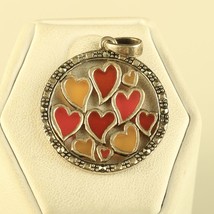 Vintage Sterling Silver Colored Painted Hearts Round Marcasite Thailand Pendant - $54.45