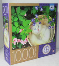 Milton Bradley 1000 Piece Jigsaw Puzzle KITTEN IN BASKET garden purple f... - $34.55