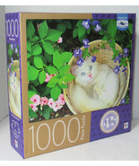 Milton Bradley 1000 Piece Jigsaw Puzzle KITTEN IN BASKET garden purple f... - £27.68 GBP