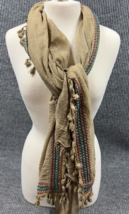 Scarf Womens Brown Colorful Trim Accent Tassel Boho Inspired Charm Wrap - $13.63