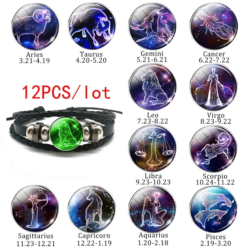 12 Pcs Constellation Bracelet Set Luminous Zodiac Braided Leather Bracelet Glow  - £27.70 GBP