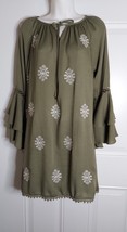 Chelsea &amp; Violet Green Embroidered Tie Front Double Ruffle Bell Sleeve Dress XS - £11.38 GBP