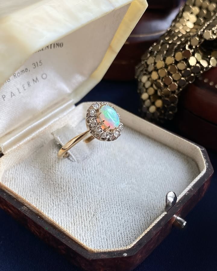 Vintage Opal Ring With Diamonds - Antique 18K Gold Victorian Style Jewelry - $866.25