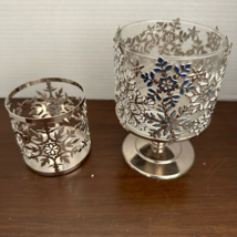 Bath &amp; Body Works Jar Candle Holders lot 2 Holiday Blue Sparkle Snowflakes - £11.96 GBP