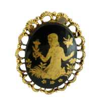 Brooch Damascene Gold Girl and Flowers on Flat Black Enamel Background Pin - £16.98 GBP