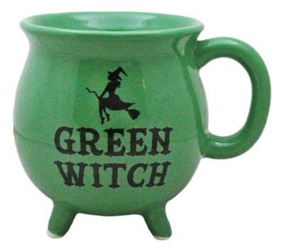 Wicca Magic Green Witch Flying Broomstick Cauldron Ceramic Mug With Hand... - $18.99