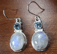 Faceted Blue Topaz and Moonstone 925 Sterling Silver Earrings medium heavy 5.8g - £20.63 GBP