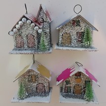 Christmas Mini Houses Hanging Ornaments with Glitter Set of 4 - £19.38 GBP