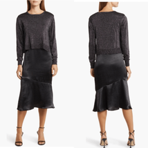 Sam Edelman Satin Slipdress Metallic Sparkle Boat Neck Sweater, Black, 1... - $111.27