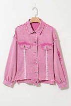 Pink Lace Patchwork Distressed Buttoned Denim Jacket - £56.36 GBP