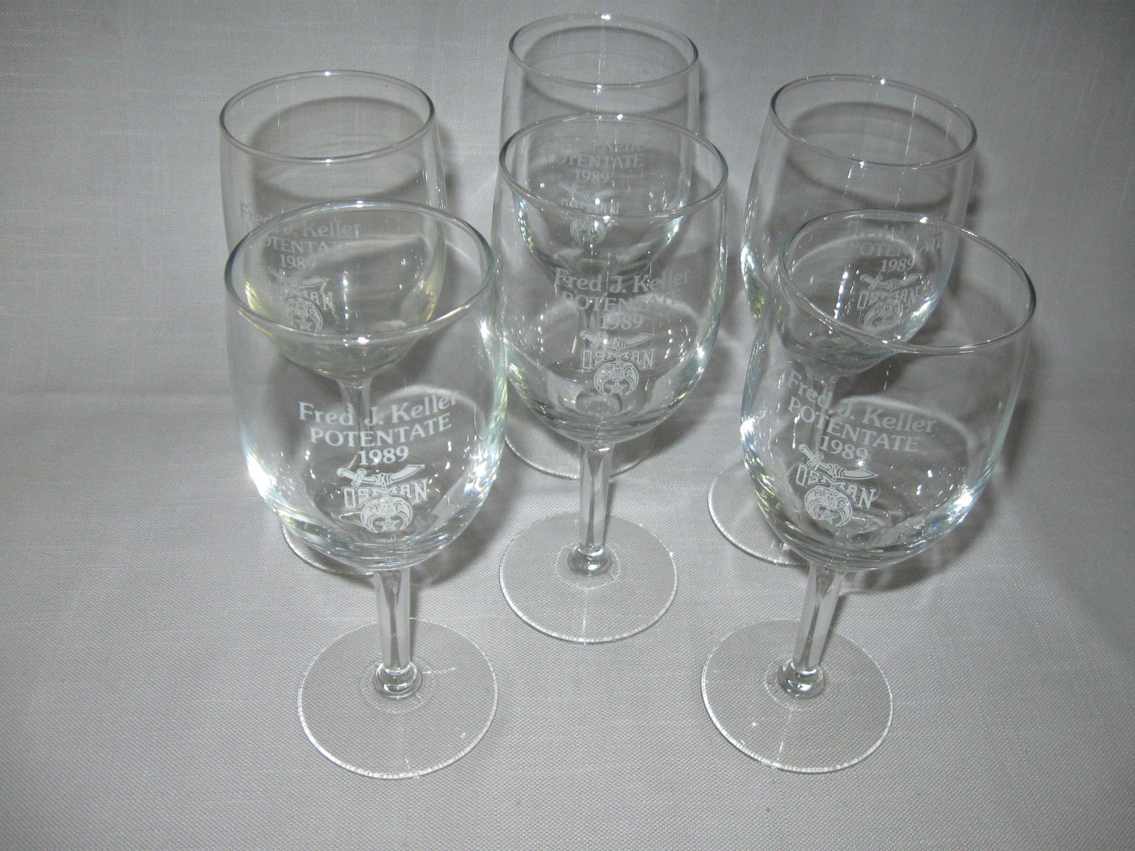 Crystal Clear Stem Wine Goblets Qty 6 Potentate Fred J Keller Osman Shrine 1989 - $16.95