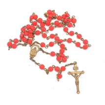 Red Beaded Chain Rosary Necklace Cross Pendant - $36.66