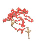 Red Beaded Chain Rosary Necklace Cross Pendant - £28.84 GBP